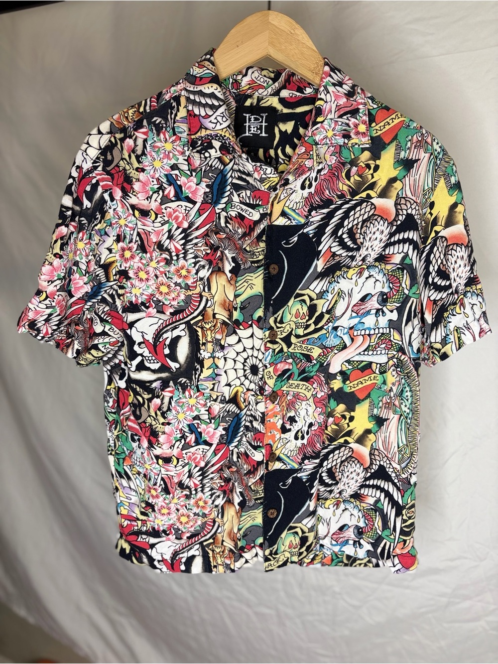 Ed Hardy Men’s Size S Tattoo Collage Camp Shirt Lightweight - Multi Color
